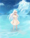  1girl barefoot bird blue_eyes blue_sky closed_mouth clouds cloudy_sky condensation_trail dress flock hair_intakes highres long_hair looking_at_viewer ocean original short_sleeves sky solo sookmo standing wading water white_dress white_hair 