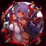  1girl bare_shoulders bb_(fate)_(all) bb_(swimsuit_mooncancer)_(fate) black_coat breasts fate/grand_order fate_(series) gloves large_breasts leotard long_hair looking_at_viewer popped_collar purple_hair red_eyes shirabi smile solo tan tentacle vampire_costume very_long_hair white_gloves white_leotard 