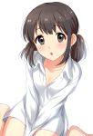  1girl :o barefoot between_legs blush brown_eyes brown_hair commentary_request copyright_request eyebrows_visible_through_hair hand_between_legs highres looking_at_viewer low_twintails naked_shirt sekina shirt short_hair simple_background sitting solo twintails wariza white_background 
