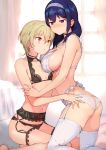  2girls absurdres ass asymmetrical_docking black_bra black_panties blonde_hair blue_hair blush bra breast_press breasts detexted eyebrows_visible_through_hair from_side garter_belt hairband highres indoors kneeling konbu_wakame large_breasts lingerie medium_hair mole mole_under_eye multiple_girls nose_blush o-ring o-ring_bottom orange_eyes panties parted_lips sekai_de_ichiban_oppai_ga_suki short_hair sideboob sitting small_breasts thigh-highs third-party_edit underwear underwear_only violet_eyes wariza white_bra white_legwear white_panties 