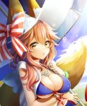  1girl animal_ears bikini_top blue_bikini_top blue_sky bow breasts clouds commentary_request day ears_through_headwear eyebrows_visible_through_hair fate/grand_order fate_(series) fox_ears fox_tail hat hat_bow highres horizontal_stripes jewelry kanna_(chaos966) large_breasts long_hair looking_at_viewer necklace pink_hair sky solo striped striped_bow tail tamamo_(fate)_(all) tamamo_no_mae_(swimsuit_lancer)_(fate) upper_body white_hat yellow_eyes 