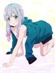  1girl all_fours aqua_jacket barefoot blue_eyes blush bow breasts collarbone eromanga_sensei eyebrows_visible_through_hair full_body hair_bow highres izumi_sagiri jacket long_hair naked_coat open_mouth pink_bow pink_x shiny shiny_hair silver_hair small_breasts solo white_background 