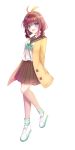  1girl 723/nanahumi :d aqua_ribbon arms_behind_back brown_hair brown_skirt eyebrows_visible_through_hair full_body green_eyes hair_between_eyes hair_ribbon hairband highres jacket leg_up looking_at_viewer low_twintails miniskirt neck_ribbon open_clothes open_jacket open_mouth original pleated_skirt ribbon sailor_collar school_uniform shiny shiny_hair shirt short_hair short_twintails simple_background skirt smile socks solo standing standing_on_one_leg twintails white_background white_footwear white_shirt yellow_hairband yellow_jacket yellow_ribbon 