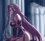  1girl between_legs black_dress breasts broken_pillar cleavage cleavage_cutout column dress elbow_gloves facial_mark fate/grand_order fate/stay_night fate_(series) forehead_mark gloves hand_between_legs large_breasts long_hair papipana pillar purple_hair rider short_dress sidelocks sitting solo thigh-highs very_long_hair violet_eyes 