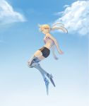  1girl bike_shorts blonde_hair blue_eyes blue_sky breasts closed_mouth clouds copyright_request crop_top floating_hair from_side full_body highres jumping long_hair looking_at_viewer looking_to_the_side mechanical_legs medium_breasts ponytail sky solo sookmo under_boob 