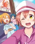  3girls ;d ^_^ blue_hair blue_shirt blue_skirt blurry blurry_background bow closed_eyes closed_eyes commentary_request day eating food hair_bow hair_tucking hat holding holding_plate hoshizora_rin kousaka_honoka long_hair long_sleeves love_live! love_live!_school_idol_project medium_hair multiple_girls one_eye_closed one_side_up open_mouth orange_hair outdoors peaked_cap pink_shirt plate purple_shirt round_teeth self_shot sen_(sen0910) shirt short_hair short_sleeves skirt smile sonoda_umi takoyaki teeth upper_teeth white_hat yellow_bow yellow_eyes 