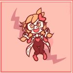  1girl boots braid chibi clenched_hands dubiousdummy glasses gloves hair_ornament heart heart_hair_ornament jumping knees_together_feet_apart labcoat looking_at_viewer open_mouth penny_crygor skin_tight smile solo thigh_gap twin_braids warioware 