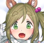  1girl :d animal_ears brown_hair face fang green_eyes grey_scarf hair_bobbles hair_ornament inuyama_aoi long_hair looking_at_viewer open_mouth scarf side_ponytail smile solo tenchisouha yurucamp 