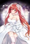  1girl 3: azur_lane bangs bare_shoulders blurry blurry_background blush bow breasts bridal_veil bride cleavage closed_mouth collarbone commentary_request depth_of_field dress elbow_gloves eyebrows_visible_through_hair flower garter_straps gloves hair_flower hair_ornament highres honolulu_(azur_lane) jewelry kaetzchen large_breasts long_hair looking_at_viewer necklace pearl_necklace petals red_eyes redhead revision rose see-through signature skirt_hold solo strapless strapless_dress thigh-highs thighs twintails veil very_long_hair wedding wedding_dress white_bow white_dress white_flower white_gloves white_legwear white_rose 