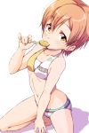  1girl between_legs bikini blush candy clothes_writing collarbone eating eyebrows_visible_through_hair flat_chest food halterneck hand_between_legs highres holding_lollipop hoshizora_rin lollipop looking_at_viewer love_live! love_live!_school_idol_project midriff navel orange_eyes orange_hair sen_(sen0910) short_hair solo squatting sweat swimsuit white_background 