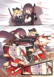  3girls blood brown_hair bullpup empty_eyes firing g43_(girls_frontline) girls_frontline gun highres human_shield long_hair mp5_(girls_frontline) multiple_girls multiple_persona phandit_thirathon rifle scope sniper_rifle wa2000_(girls_frontline) walther walther_wa_2000 weapon white_hair 