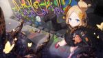  1girl abigail_williams_(fate/grand_order) bae.c bangs black_bow black_jacket blonde_hair blue_eyes bow character_name closed_mouth commentary_request fate/grand_order fate_(series) from_above graffiti hair_bow hair_bun hand_up highres jacket long_hair long_sleeves looking_at_viewer looking_up medjed object_hug orange_bow parted_bangs polka_dot polka_dot_bow red_footwear shoes sleeves_past_fingers sleeves_past_wrists smile solo spray_can standing stuffed_animal stuffed_toy suction_cups teddy_bear tentacle 