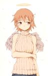  1girl alternate_costume angel_wings brown_eyes brown_hair denim haibane_renmei halo highres jeans messy_hair pants rakka rei_oe ribbed_sweater short_hair sleeveless sleeveless_turtleneck solo static_cling sweater turtleneck turtleneck_sweater wings 