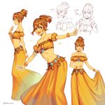  1girl brown_hair dancer dress english gloves green_eyes jewelry long_hair looking_at_viewer mella navel necklace octopath_traveler open_mouth ponytail short_hair simple_background smile solo tressa_(octopath_traveler) white_background 