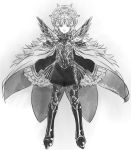  1girl armor armored_boots boots cape closed_mouth crown fire_emblem fire_emblem_heroes full_body greyscale hair_ornament insarability long_hair monochrome shoulder_armor simple_background solo standing twitter_username veronica_(fire_emblem) 