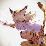  1girl blonde_hair blue_eyes breasts elbow_gloves gloves highres holding holding_sword holding_weapon kemono_friends large_breasts looking_away necktie sabre_tiger_(kemono_friends) short_hair sword takami_masahiro upper_body weapon white_hair 
