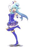  1girl :d aqua_(konosuba) blue_eyes blue_hair blue_neckwear boots bow bowtie breasts commentary_request detached_sleeves full_body hand_up high_heel_boots high_heels ishii_hisao knee_boots kono_subarashii_sekai_ni_shukufuku_wo! long_sleeves looking_at_viewer medium_breasts open_mouth purple_footwear purple_skirt purple_vest simple_background skin_tight skirt smile solo standing standing_on_one_leg tiptoes vest white_background 