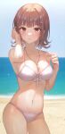  1girl absurdres adjusting_hair bangs beach bikini brown_hair collarbone commentary contrapposto cowboy_shot dangan_ronpa_(series) dangan_ronpa_2:_goodbye_despair dangan_ronpa_s:_ultimate_summer_camp day foreshortening hair_ornament hands_up highres holding_strap jewelry looking_at_viewer medium_hair nanami_chiaki navel necklace official_alternate_costume outdoors solo spaceship_hair_ornament stomach swimsuit tokkyu 