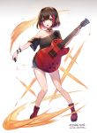  1girl :o apple_caramel artist_name bang_dream! bangs bare_shoulders black_hair black_legwear black_shirt blue_shorts boots character_name collarbone commentary_request eyebrows_visible_through_hair gradient gradient_background grey_background guitar holding holding_instrument instrument looking_at_viewer mitake_ran multicolored_hair off_shoulder open_mouth plectrum red_eyes red_footwear redhead revision shirt short_hair short_shorts shorts socks solo standing streaked_hair upper_teeth white_background 