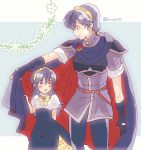  1boy 1girl armor blue_eyes blue_hair blush cape dress fingerless_gloves fire_emblem fire_emblem:_kakusei fire_emblem:_mystery_of_the_emblem fire_emblem_heroes gloves headband highres kiriya_(552260) long_hair lucina marth open_mouth short_hair smile tiara younger 