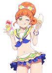  1girl ;p aikatsu! aikatsu!_(series) bikini bikini_skirt bow bracelet commentary cowboy_shot eyebrows_visible_through_hair food frilled_bikini frills fruit hair_bow high_ponytail highres holding holding_food ice_cream ice_cream_cone jewelry kurisu_kokone looking_at_viewer mandarin_orange navel one_eye_closed orange_hair sailor_collar sakecho seashell shadow shaved_ice shell smile solo swimsuit tongue tongue_out yellow_eyes 