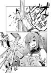  1girl 2koma :d absurdres bangs blush comic commentary_request copyright_request drooling faucet greyscale hair_ornament hair_scrunchie hairclip highres holding long_hair long_sleeves max_melon messy_hair monochrome neckerchief open_mouth ponytail rubber_chicken school_uniform scrunchie serafuku shaded_face smile solo 