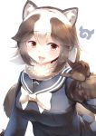  1girl :d absurdres animal_ears blue_serafuku blue_skirt bow bowtie brown_eyes brown_gloves brown_hair commentary eyebrows_visible_through_hair fur-trimmed_sleeves fur_collar fur_trim gloves highres japari_symbol kanzakietc kemono_friends long_sleeves looking_at_viewer medium_hair multicolored_hair open_mouth pleated_skirt raccoon_ears raccoon_tail simple_background skirt smile solo tail tanuki_(kemono_friends) two-tone_hair w white_background white_hair white_neckwear 