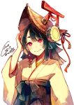  1girl akagi_shun black_hair black_hakama bright_pupils commentary_request dated hakama hand_up hat japanese_clothes jewelry long_sleeves looking_at_viewer medium_hair original red_eyes signature simple_background single_earring smile solo tassel torii upper_body white_background wide_sleeves 