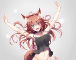  1girl ahoge animal_ears armpits arms_up bangs blush bottomless breasts brown_hair choker commentary_request fangs green_eyes grey_background hair_between_eyes heterochromia kekeji large_breasts long_hair navel open_mouth original outstretched_arms paw_print red_eyes simple_background solo spread_arms standing tail 