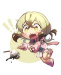  !! 1girl blonde_hair bright_pupils chibi commentary d: english_commentary falling full_body highres jacket long_sleeves open_clothes open_jacket open_mouth original pink_jacket pleated_skirt sandals scarf shirt skirt solo spill tostantan watermark white_skirt yellow_eyes 