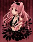  1girl :d black_bow black_flower bow breasts cleavage collarbone cropped_torso floating_hair flower hair_bow heart long_hair looking_at_viewer medium_breasts open_mouth pink_hair red_background red_eyes shiki shimizu_megumi smile solo striped striped_background twintails very_long_hair 