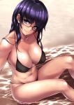  beach bikini blue_eyes collarbone din_(raiden) eyebrows_visible_through_hair from_above glasses long_hair looking_at_viewer looking_up navel original partially_submerged purple_hair sand sitting skindentation smile swimsuit water wet 