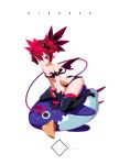  1girl absurdres artist_name bat_wings black_gloves black_legwear copyright_name demon_girl demon_tail disgaea disgaea_d2 earrings etna fathomcube flat_chest gloves hair_between_eyes highres jewelry looking_at_viewer mini_wings navel pointy_ears prinny red_eyes redhead short_hair short_shorts shorts sitting sitting_on_person smile tail thigh-highs twintails wariza white_background wings 