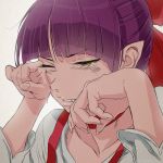  1girl akagi_(fmttps) bangs bow choker collarbone commentary_request crying eyebrows_visible_through_hair fang gegege_no_kitarou hair_bow nekomusume nekomusume_(gegege_no_kitarou_6) one_eye_closed pointy_ears purple_hair red_bow red_choker shirt solo tears white_shirt yellow_eyes 