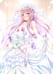  1girl blush bouquet breasts bridal_veil cleavage commentary_request crescent crescent_hair_ornament dress flower gloves hair_ornament hair_ribbon long_hair looking_at_viewer patchouli_knowledge purple_hair ram_hachimin ribbon solo strapless strapless_dress touhou tress_ribbon veil violet_eyes wedding_dress white_dress white_gloves 