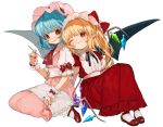  2girls ;t adapted_costume artist_name ascot bangs bat_wings black_neckwear black_ribbon blonde_hair blue_hair blush bobby_socks bow commentary_request crystal dress eyebrows_visible_through_hair fang_out flandre_scarlet frilled_shirt_collar frills gotoh510 hand_holding hand_up handkerchief hat hat_bow head_tilt high_heels holding holding_spoon interlocked_fingers knees_up long_dress long_hair looking_at_another mob_cap multiple_girls nail_polish neck_ribbon one_eye_closed one_side_up parted_lips pink_dress pink_hat pointy_ears puffy_short_sleeves puffy_sleeves red_bow red_dress red_eyes red_footwear red_nails red_neckwear remilia_scarlet ribbon sash short_sleeves siblings signature simple_background sisters sitting smile socks spoon touhou wariza white_background white_legwear white_sash wings wrist_cuffs 