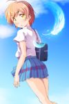  1girl ahoge bag blue_skirt blurry day depth_of_field eyebrows_visible_through_hair feathers highres hoshizora_rin looking_back love_live! love_live!_school_idol_project miniskirt orange_hair otonokizaka_school_uniform parted_lips plaid plaid_skirt pleated_skirt school_bag sen_(sen0910) shirt short_hair short_sleeves skirt solo sparkle white_shirt yellow_eyes 