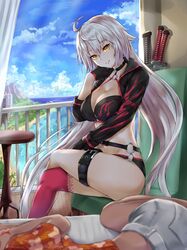  2girls ahoge balcony bangs beach bikini black_bikini black_gloves black_jacket blue_sky breasts buckle chair cleavage command_spell cropped_jacket day eyebrows_visible_through_hair fate/grand_order fate_(series) floral_print fujimaru_ritsuka_(female) gloves grey_hair hair_between_eyes hand_on_own_cheek hand_up hawaiian_shirt head_tilt highres horizon indoors jacket jeanne_d&#039;arc_(alter_swimsuit_berserker) jeanne_d&#039;arc_(fate)_(all) legs_crossed light_rays long_hair long_sleeves looking_at_viewer lying multiple_girls o-ring o-ring_bikini ocean on_bed on_chair on_side open_clothes open_jacket orange_shirt out_of_frame parted_lips pink_legwear print_skirt railing shiny shiny_hair shirt short_shorts shorts single_thighhigh sitting skirt sky sleeping smile solo_focus straight_hair suiete sunbeam sunlight swimsuit sword table thigh-highs thigh_strap thighs very_long_hair weapon white_shorts yellow_eyes 