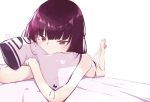  ... 1girl absurdres ass bangs bed_sheet blush breasts covered_mouth eyebrows_visible_through_hair feet_up girls_frontline hair_ribbon heart highres ichiki_(pixiv_28380297) large_breasts long_hair looking_at_viewer lying on_stomach pillow pillow_hug purple_hair red_eyes ribbon sidelocks simple_background solo very_long_hair wa2000_(girls_frontline) 