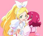  2girls :d blonde_hair blush choker commentary_request cure_rhythm earrings eye_contact green_eyes hair_ornament hairband hand_holding heart heart_earrings hugtto!_precure interlocked_fingers jewelry long_hair looking_at_another magical_girl minamino_kanade multiple_girls nono_hana open_mouth pink_background ponytail precure puffy_short_sleeves puffy_sleeves red_eyes redhead short_hair short_sleeves simple_background smile suite_precure umanosuke white_choker white_hairband x_hair_ornament yuri 