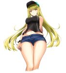  1girl arm_behind_back baseball_cap blonde_hair breasts casual closed_mouth commentary_request denim denim_shorts dollinger earrings from_below hat highres mythra_(xenoblade) jewelry long_hair looking_at_viewer medium_breasts midriff navel short_shorts shorts simple_background smile solo white_background xenoblade_(series) xenoblade_2 yellow_eyes 