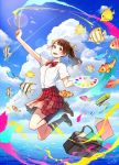  1girl :d akagi_shun bag blue_sky bow bowtie brown_eyes brown_footwear brown_hair clouds cloudy_sky clownfish commentary_request fish flying_fish hair_ornament hair_ribbon hairclip holding jumping lens_flare loafers looking_at_viewer open_mouth original outdoors paintbrush palette purple_legwear red_neckwear red_skirt ribbon shirt shoes skirt sky smile socks solo tropical_fish white_shirt yellow_ribbon 
