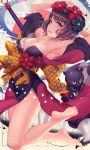  1girl armpits arms_behind_head arms_up bangs bare_shoulders barefoot black_kimono blue_eyes blush breasts calligraphy_brush cleavage collarbone fate/grand_order fate_(series) feet fine_art_parody flower giant_brush hair_flower hair_ornament hairpin highres hips ink japanese_clothes katsushika_hokusai_(fate/grand_order) kimono l.bou legs looking_at_viewer medium_breasts nihonga obi octopus off_shoulder open_mouth paintbrush parody purple_hair red_kimono sash shiny shiny_hair short_hair smile soles solo swept_bangs thighs toes ukiyo-e wide_sleeves 