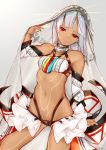  1girl altera_(fate) bangs bare_shoulders black_nails blunt_bangs breasts choker closed_mouth collarbone dark_skin detached_sleeves fate/extella fate/extra fate/grand_order fate_(series) gluteal_fold hand_up headdress jewelry midriff nail_polish narrow_waist navel pikkumyy red_eyes shiny shiny_hair short_hair showgirl_skirt simple_background skirt small_breasts solo tagme tattoo thighs upper_body veil white_background white_hair wide_hips 