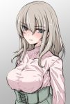  1girl blue_eyes blush breasts closed_mouth commentary eyebrows_visible_through_hair girls_und_panzer gradient gradient_background grey_background grey_skirt high-waist_skirt itsumi_erika large_breasts long_hair long_sleeves looking_at_viewer petag2 pink_shirt shirt silver_hair skirt standing upper_body 