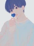  1boy blue_sweater candy fang food grey_background hand_up heart heart_lollipop hirota_tsuu holding lollipop long_sleeves open_mouth original purple_hair simple_background solo sweater upper_body violet_eyes 