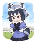  1girl animal_ears blue_hair blush bow bowtie brown_eyes common_raccoon_(kemono_friends) elbow_gloves eyebrows_visible_through_hair gloves grey_hair hakka720_2 hands_on_own_chest hands_together kemono_friends multicolored_hair pleated_skirt puffy_sleeves raccoon_ears raccoon_tail short_hair skirt solo tail white_hair 