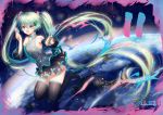  1girl aqua_eyes bare_shoulders detached_sleeves green_hair haneru hatsune_miku long_hair looking_at_viewer necktie paint paintbrush planet skirt sky sleeveless smile solo star_(sky) starry_sky thigh-highs twintails very_long_hair vocaloid 