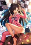  1girl :d ankle_ribbon bangs barefoot blue_sky blush brown_hair clouds commentary_request day earrings eyebrows_visible_through_hair fate/grand_order fate_(series) flag floating_hair fur_trim glint hand_up highres holding ishtar_(swimsuit_rider)_(fate) jewelry long_hair long_sleeves looking_at_viewer npcpepper one_eye_closed open_mouth outdoors panties parted_bangs pink_legwear pink_sweater red_eyes red_ribbon ribbon round_teeth single_thighhigh sky smile solo sweater teeth thigh-highs underwear v white_panties 