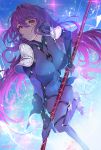  1girl bodysuit breasts damda fate/grand_order fate_(series) hair_intakes high_heels large_breasts long_hair polearm purple_hair red_eyes scathach_(fate)_(all) scathach_(fate/grand_order) shoulder_pads solo spear weapon 